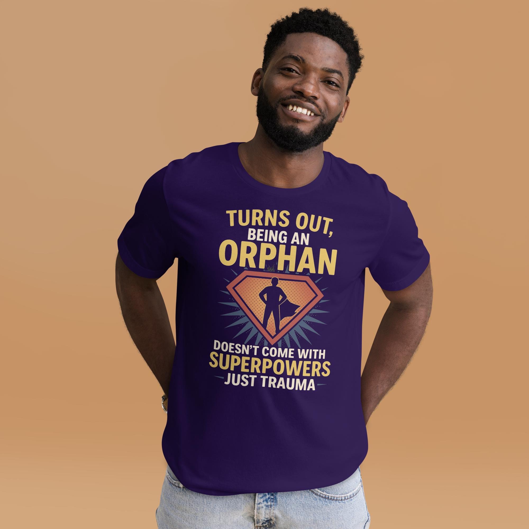 comic-style orphan tee Sorry, no "No superpowers, just trauma." additional view 1