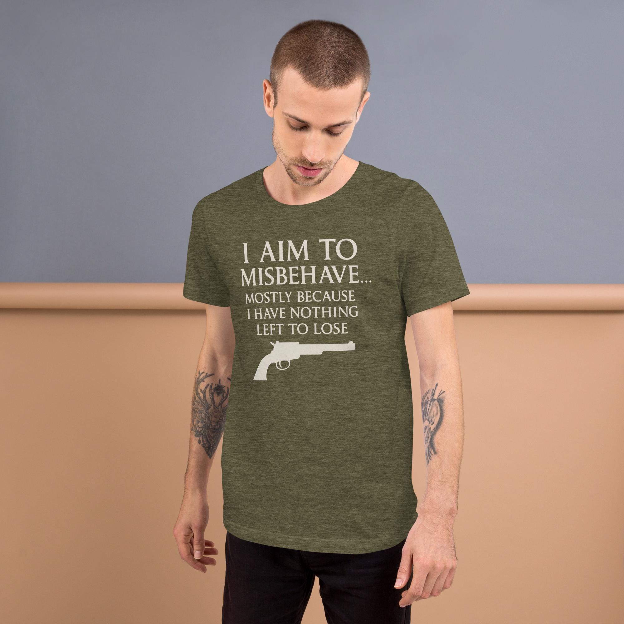 I Aim to Misbehave Shirt: Funny Sci-Fi Western Parody Tee by R²