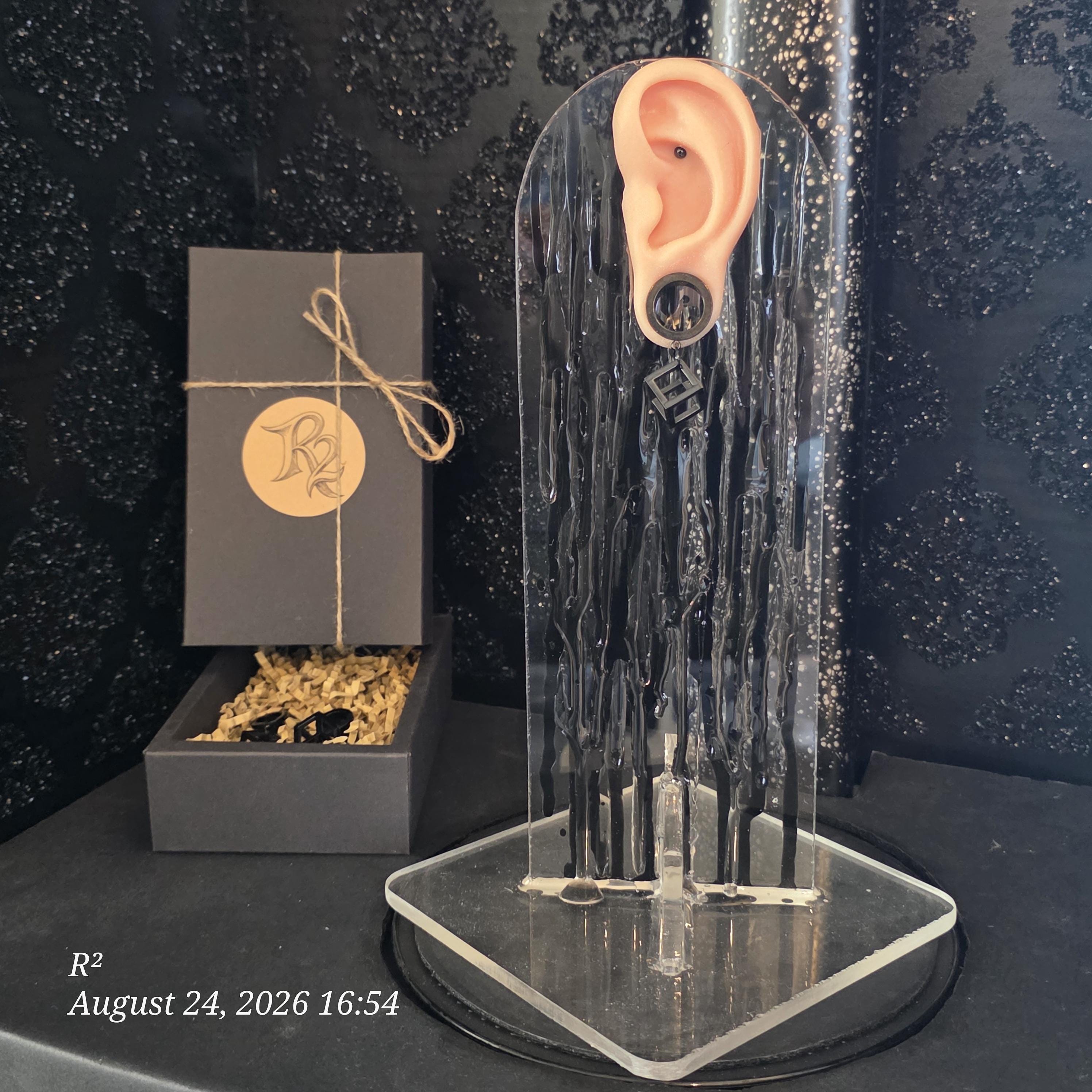 Black Cube Dangle Plug Earrings by R²