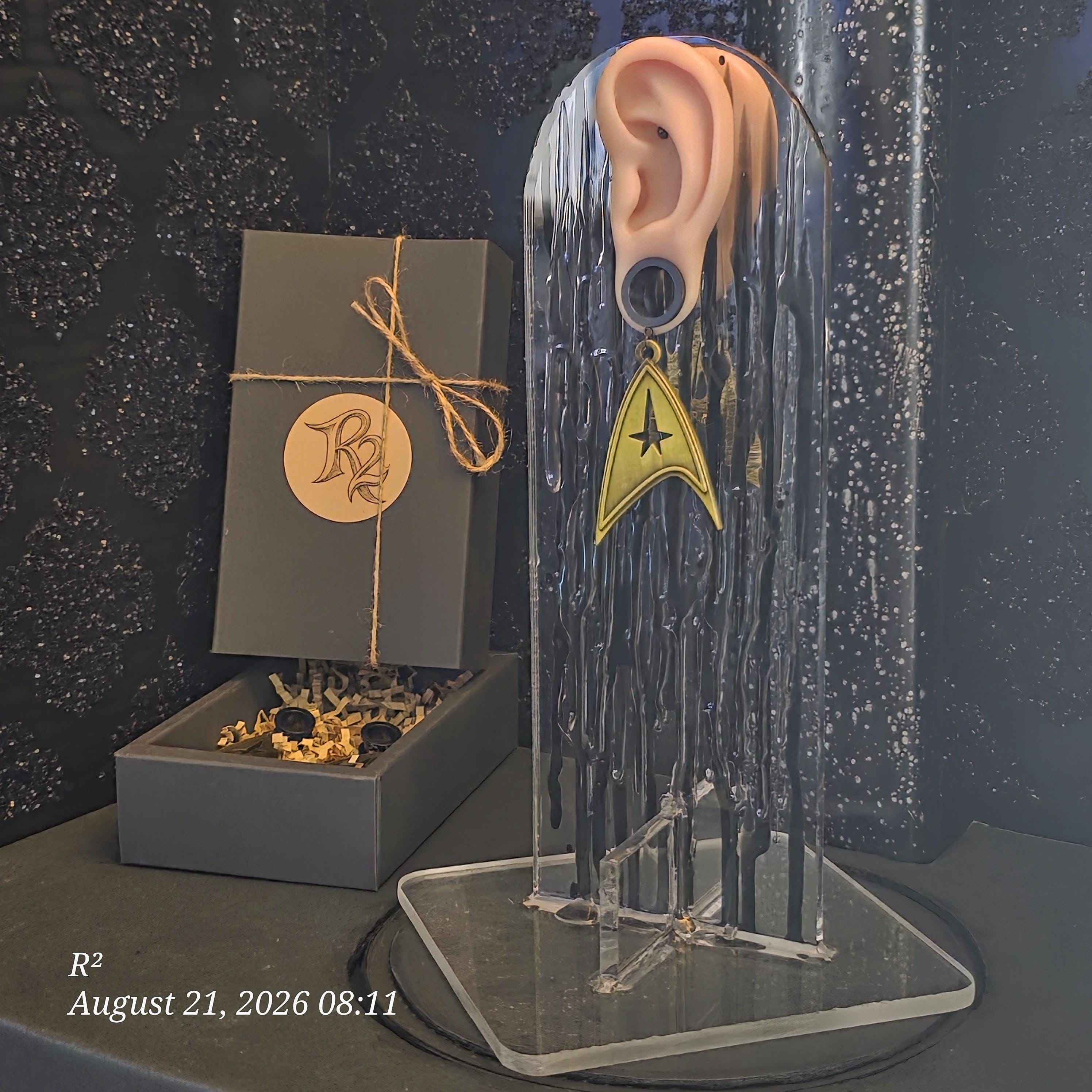 Gold Starfleet Inspired Dangle Plug Earrings by R²