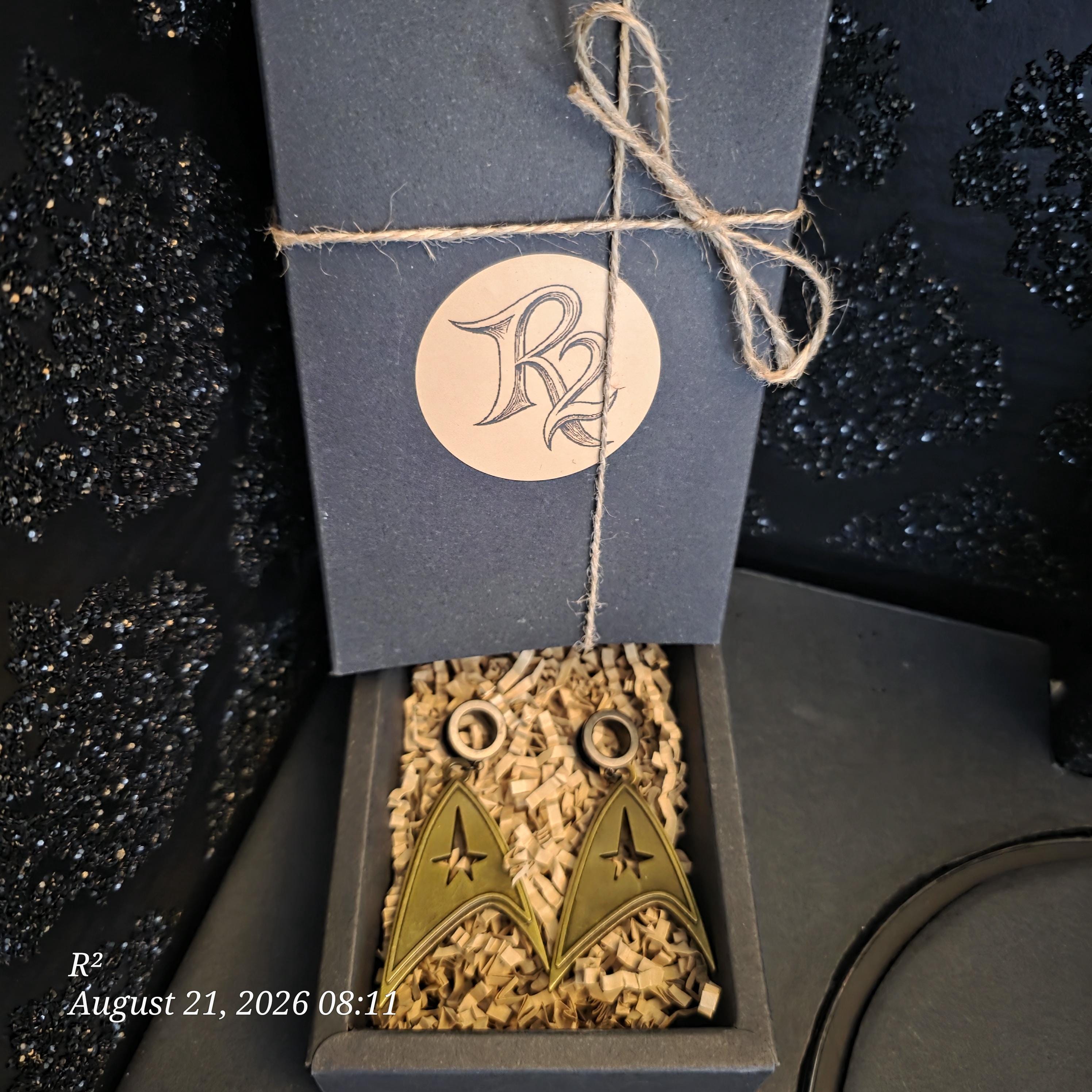 Gold Starfleet Inspired Dangle Plug Earrings additional view 1
