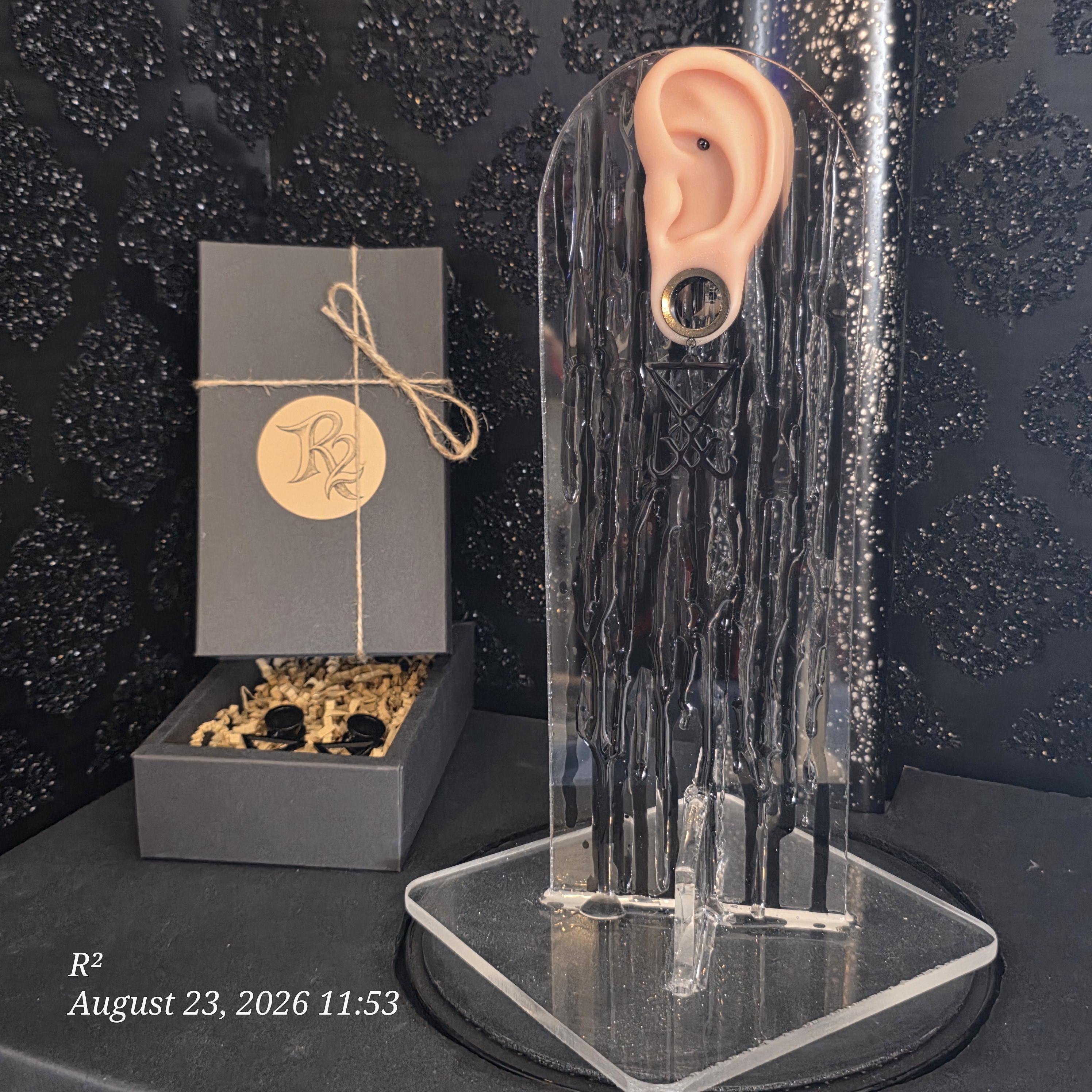 Black Sigil Dangle Plug Earrings by R²