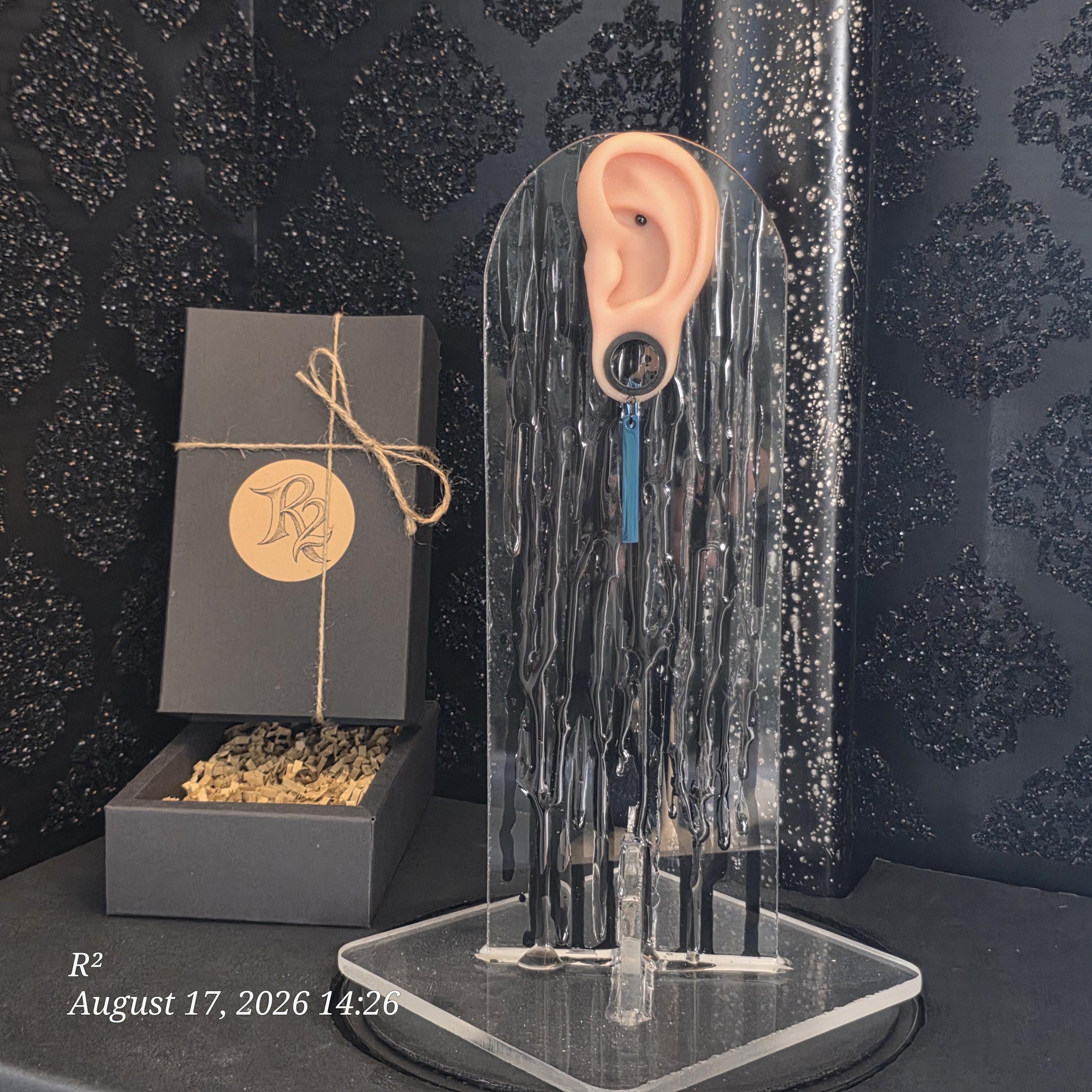 Blue Noir Bar Dangle Plug Earrings by R²