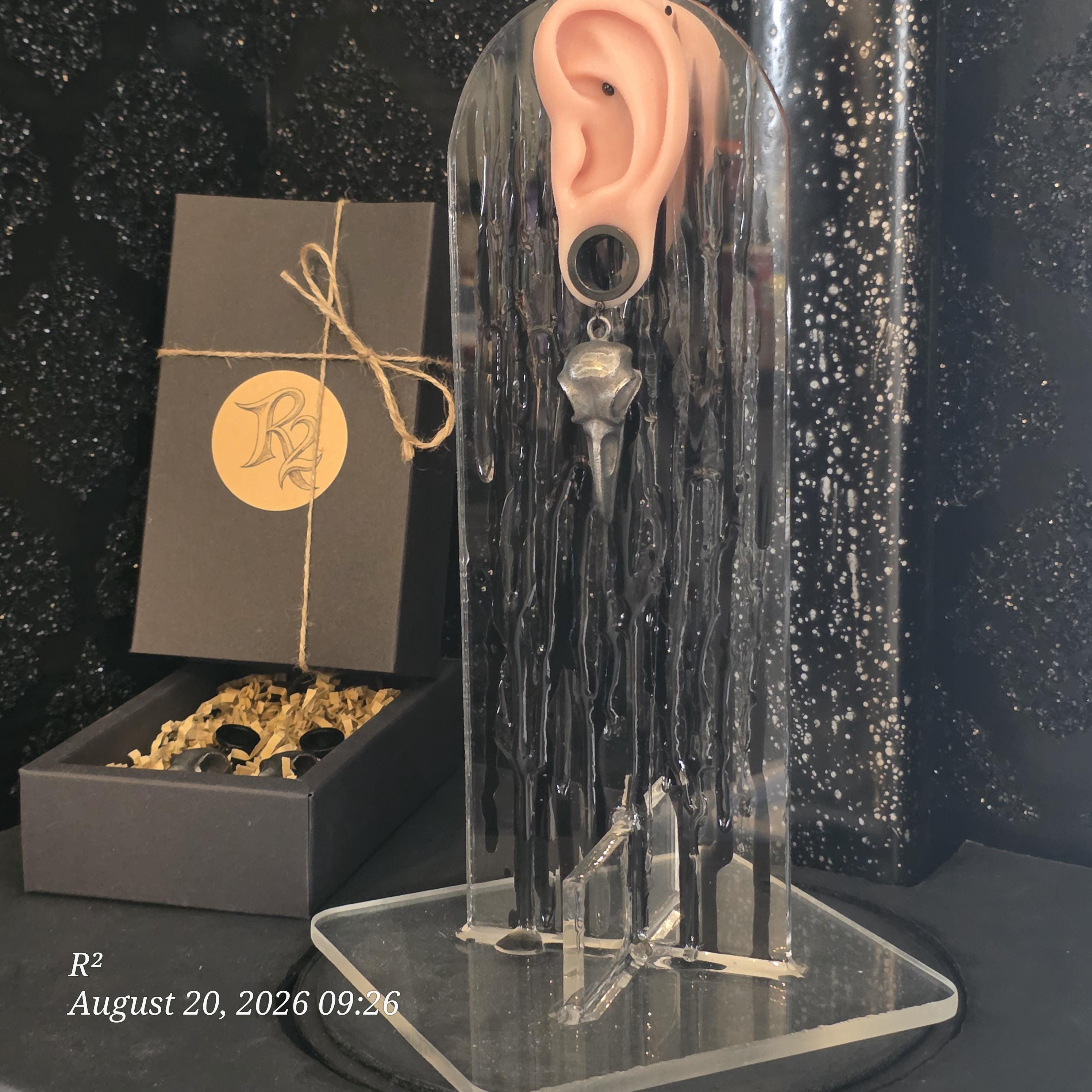 Raven Skull Dangle Plug Earrings by R²